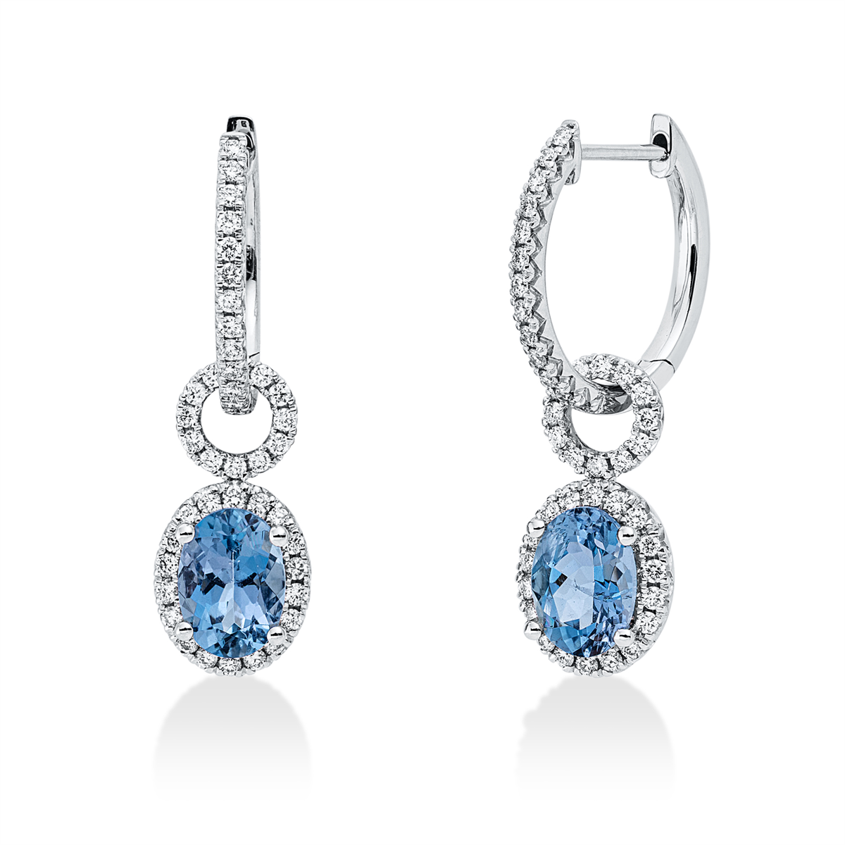 diamond full cut aquamarine colored stone fashion earrings in white gold