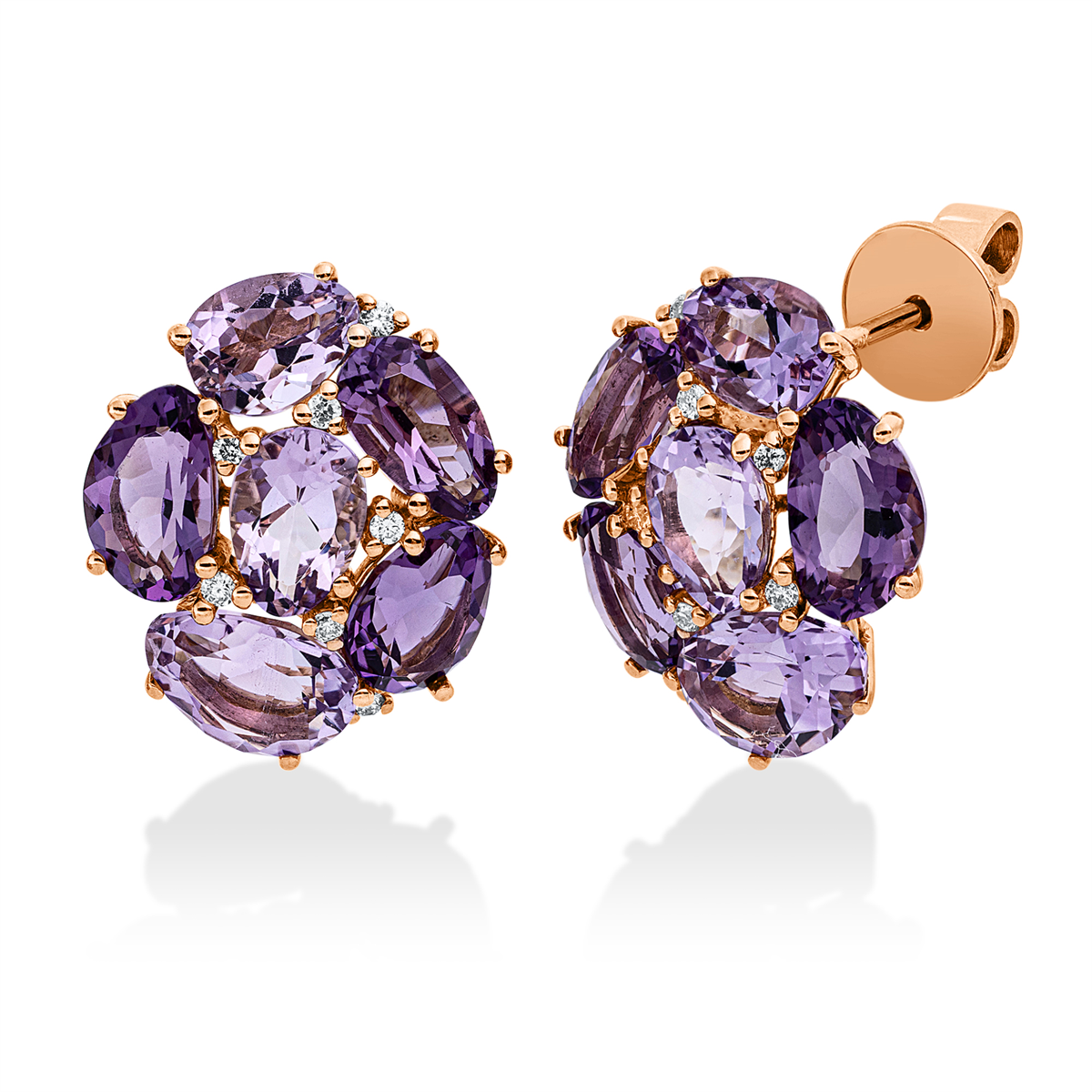 diamond full cut amethyst colored stone fashion studs in red gold