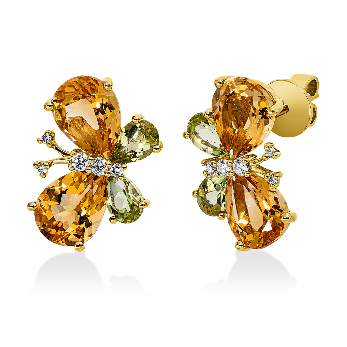 diamond full cut peridot colored stone fashion studs in yellow gold