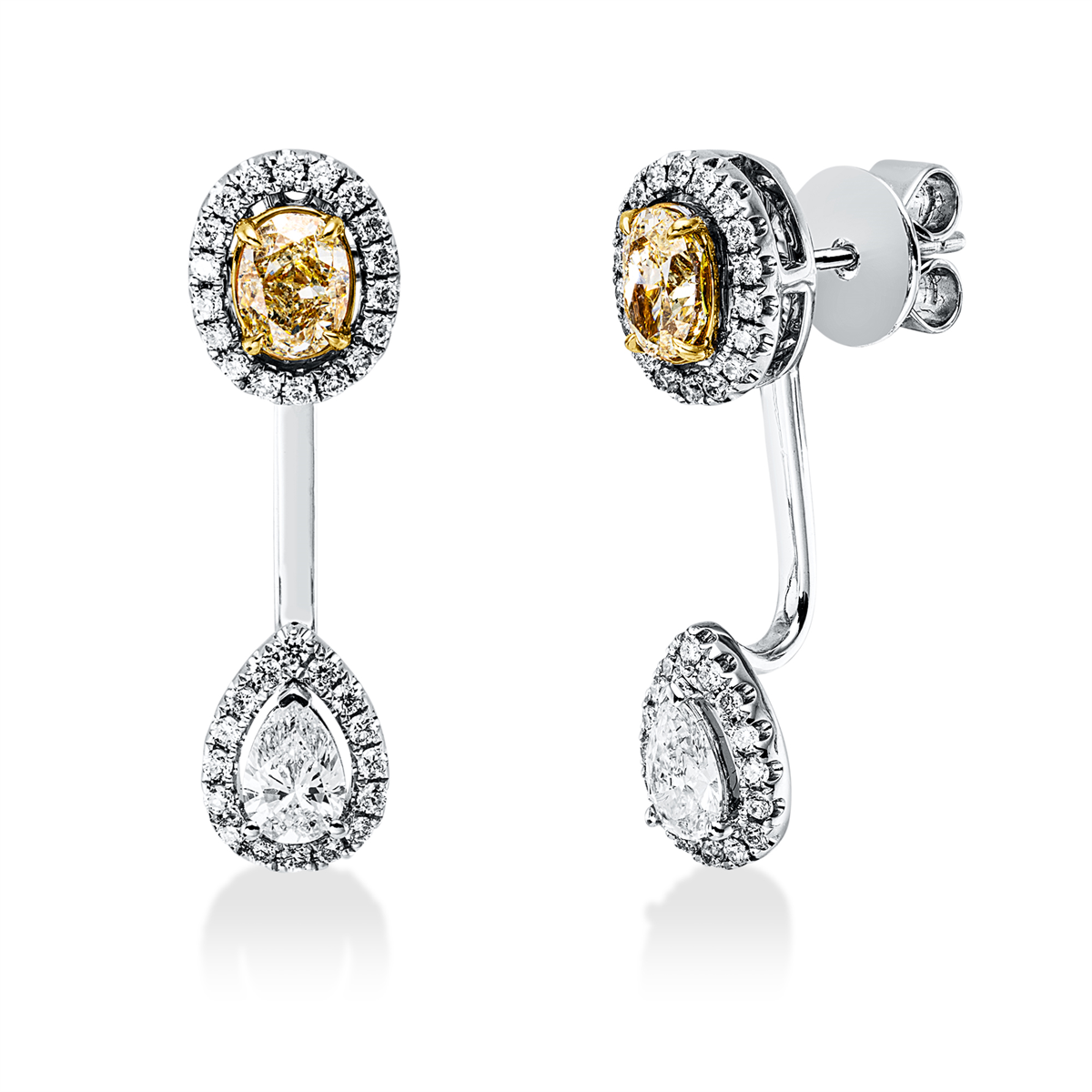 oval fancy colored diamond earrings in white gold / yellow gold