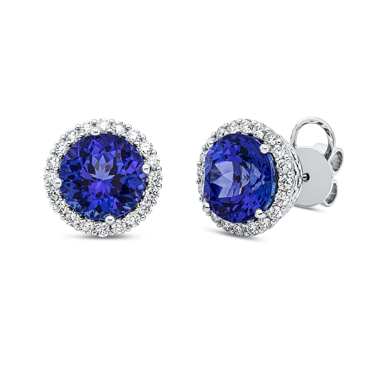 diamond full cut tanzanite colored stone classic studs in white gold