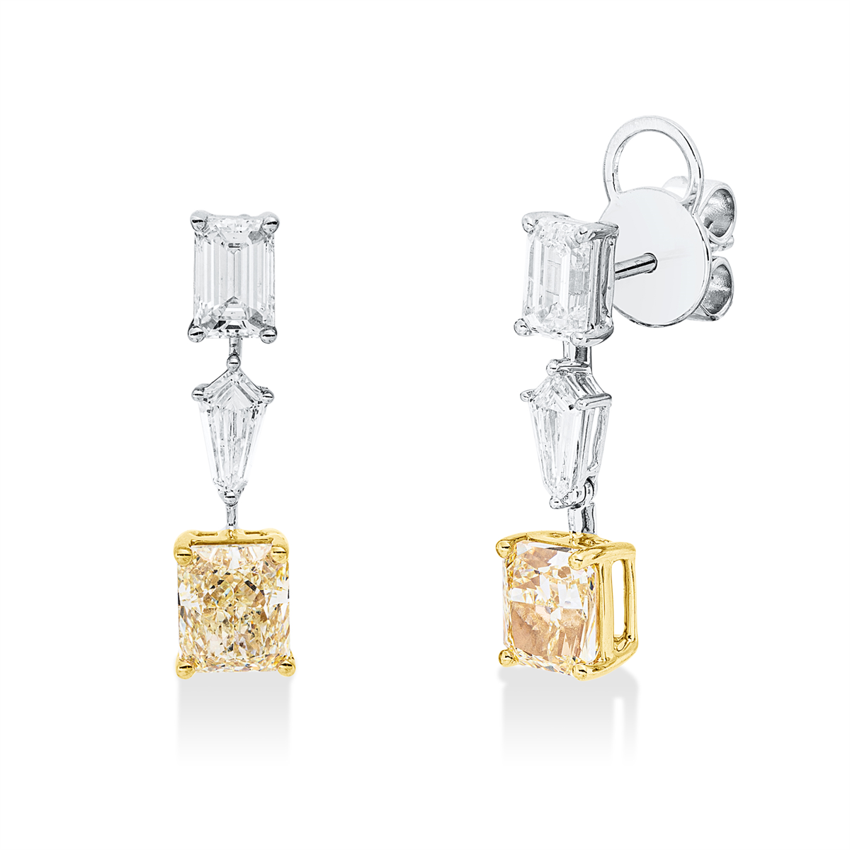 fantasy-cut fancy colored diamond earrings in white gold / yellow gold