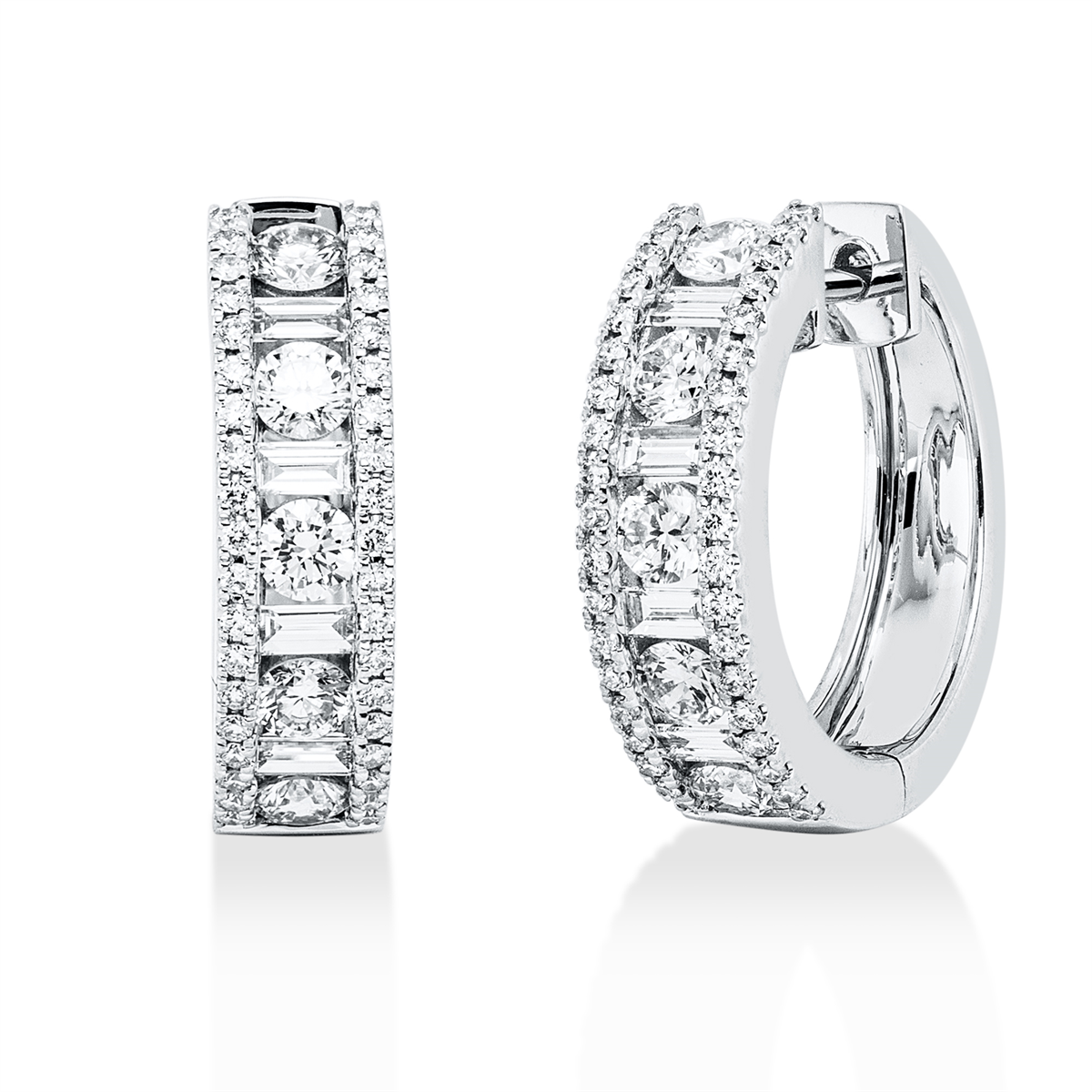 diamond full cut baguette hoops & huggies in white gold