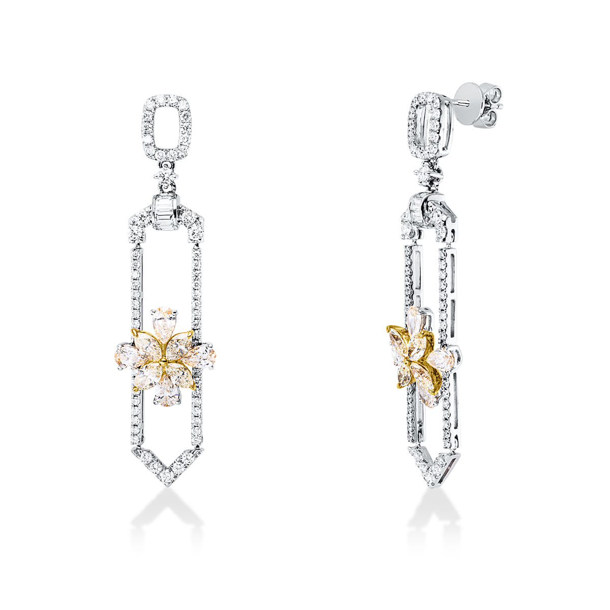 diamond full cut fancy colored diamond earrings in white gold / yellow gold
