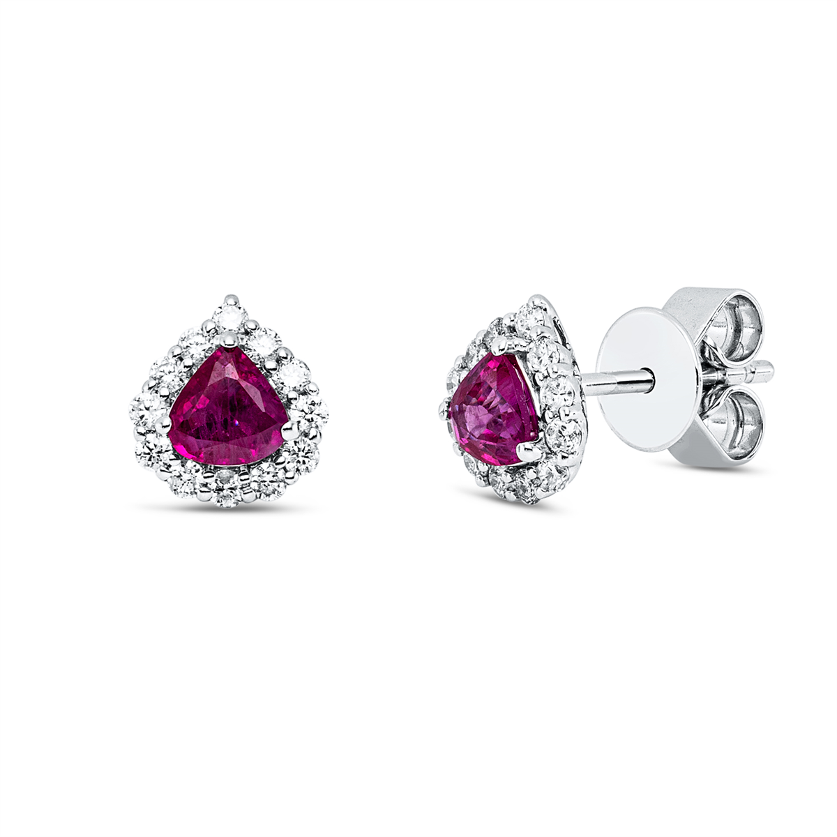 diamond full cut ruby colored stone classic studs in white gold