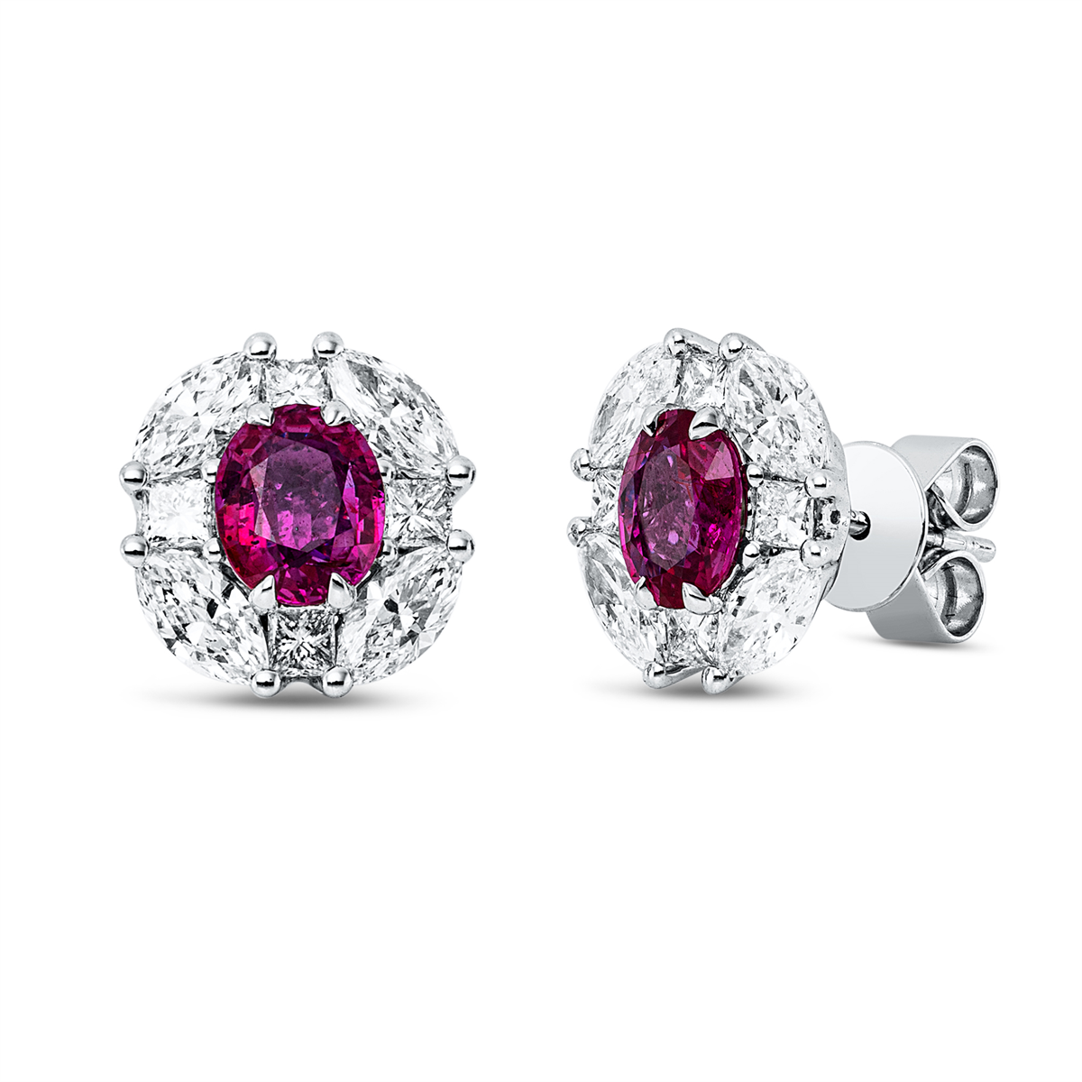 princess ruby colored stone classic studs in white gold