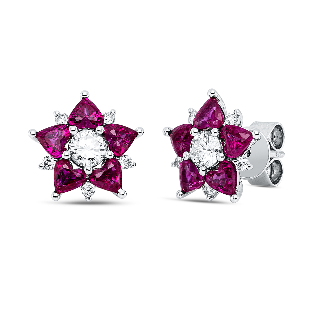 diamond full cut ruby colored stone classic studs in white gold