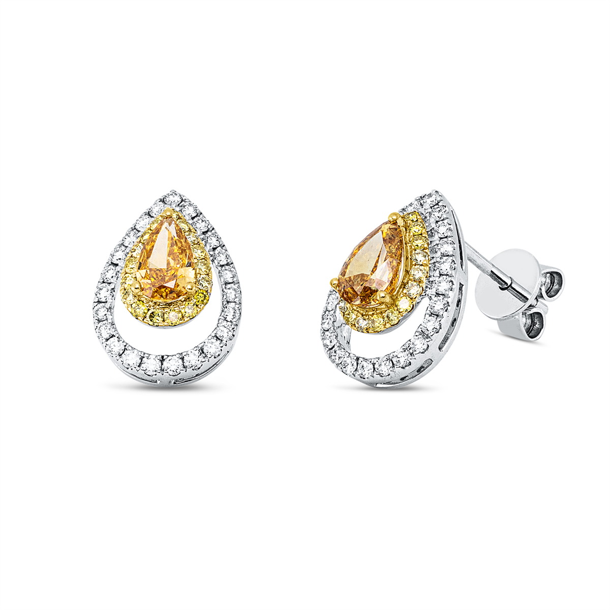 diamond full cut fancy colored diamond studs in white gold / yellow gold
