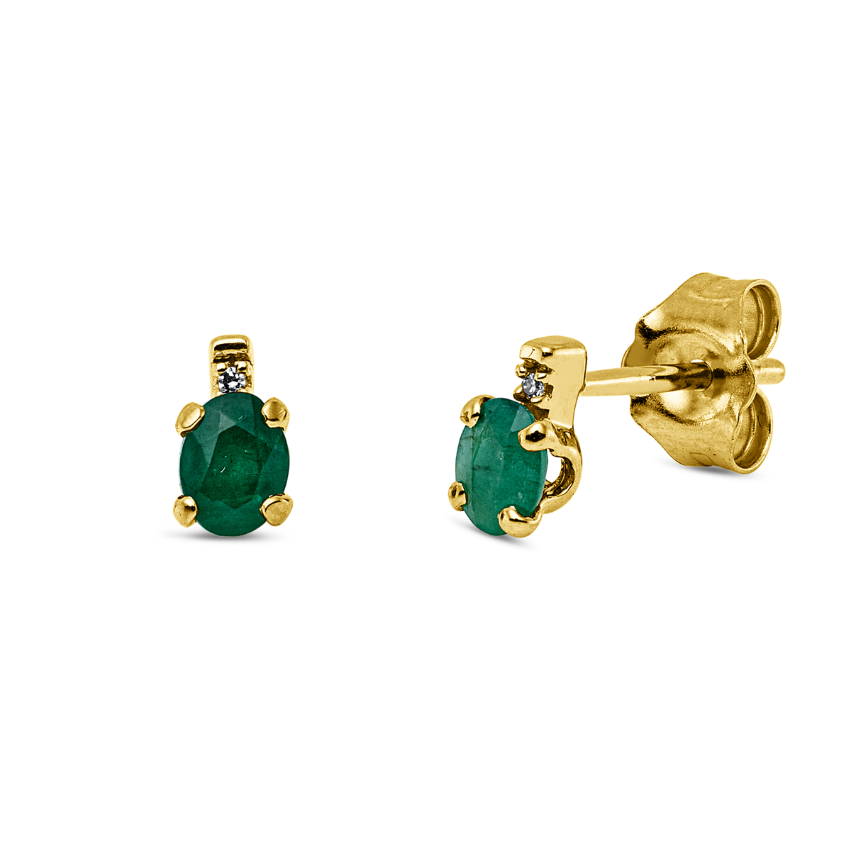 diamond single cut emerald colored stone classic studs in yellow gold