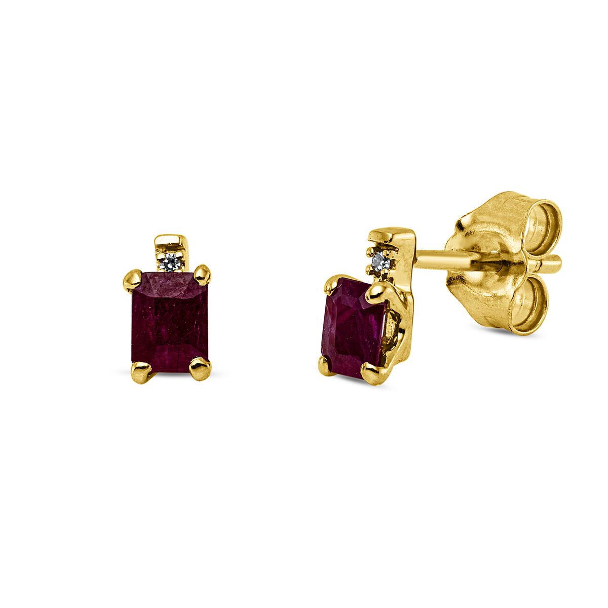 diamond single cut ruby colored stone classic studs in yellow gold