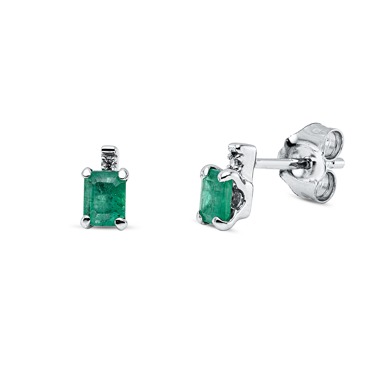 diamond single cut emerald colored stone classic studs in white gold