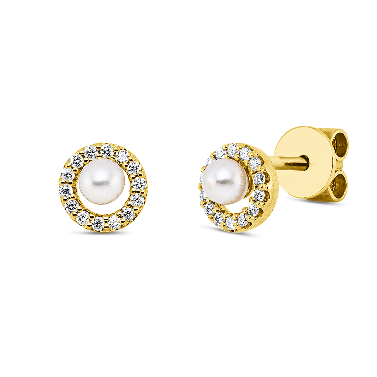 diamond full cut pearl studs in yellow gold