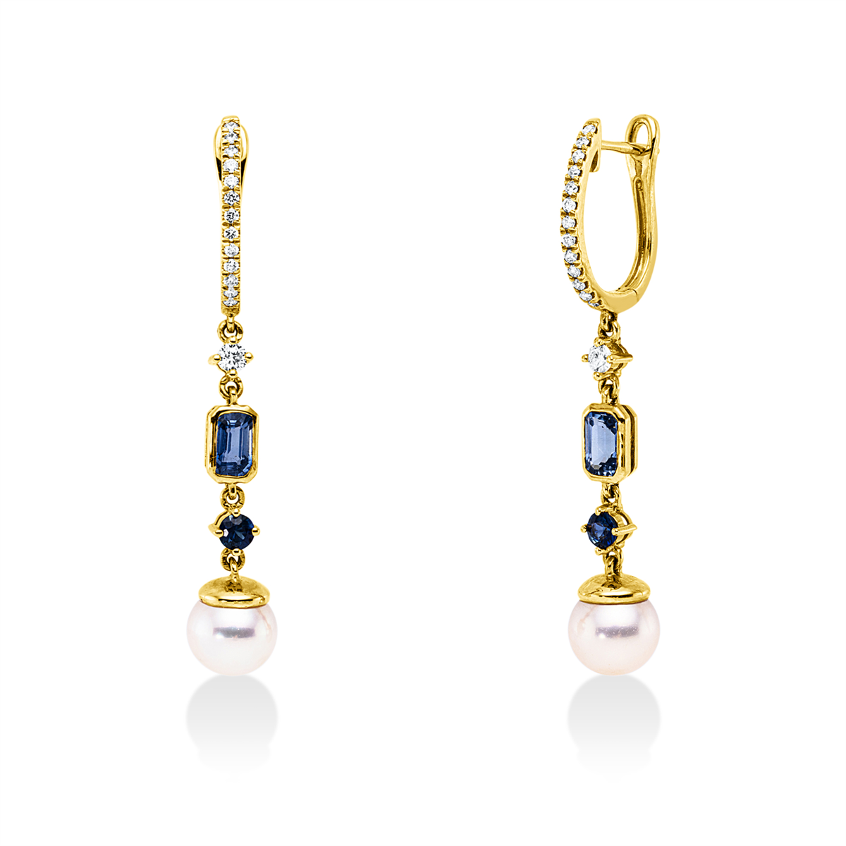diamond full cut sapphire pearl earrings in yellow gold