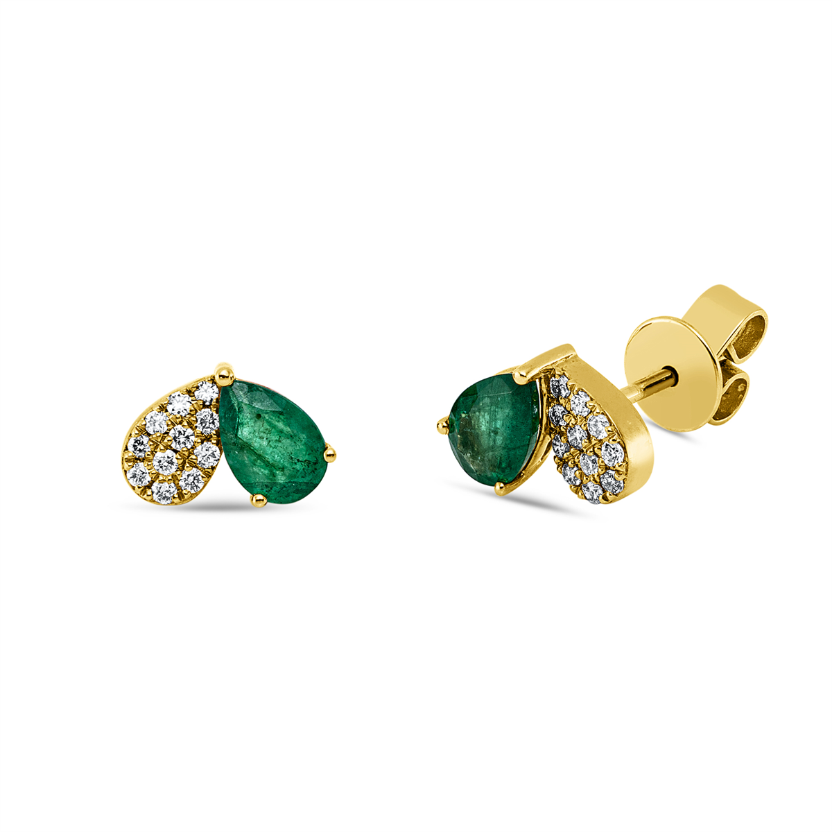 diamond full cut emerald colored stone classic studs in yellow gold