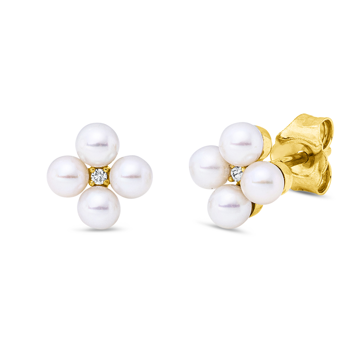 diamond full cut pearl studs in yellow gold