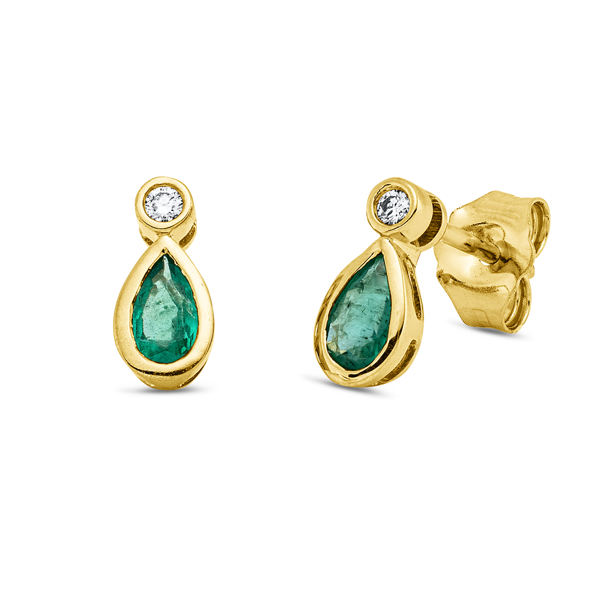 diamond full cut emerald colored stone classic studs in yellow gold
