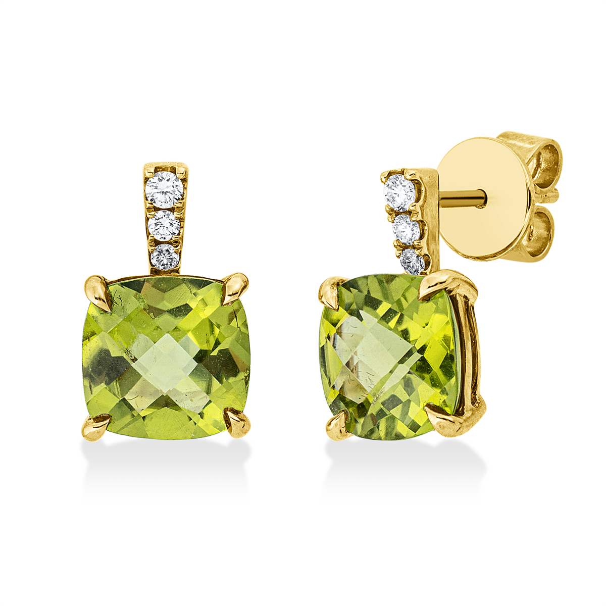 diamond full cut peridot colored stone fashion studs in yellow gold