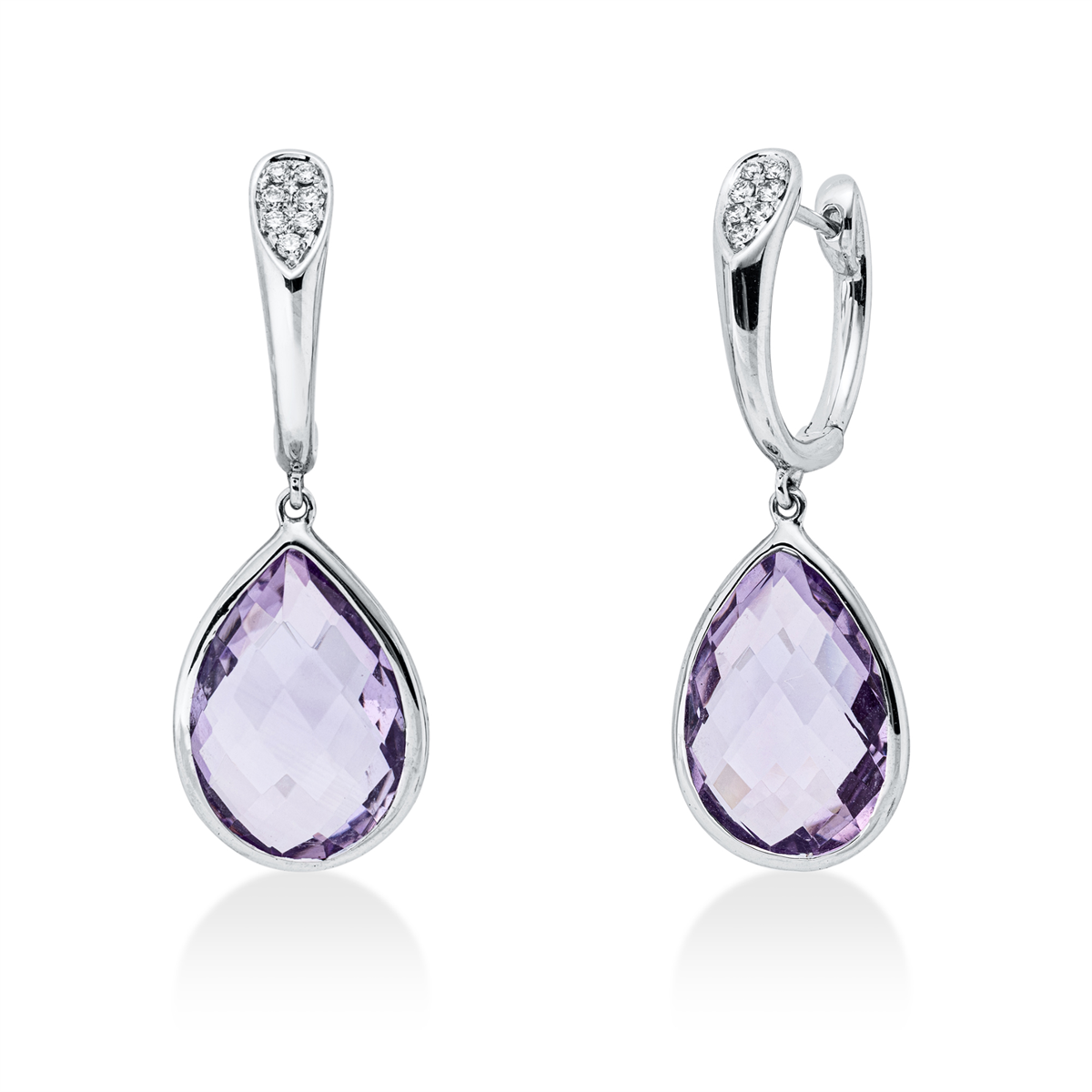 diamond full cut amethyst colored stone fashion earrings in white gold
