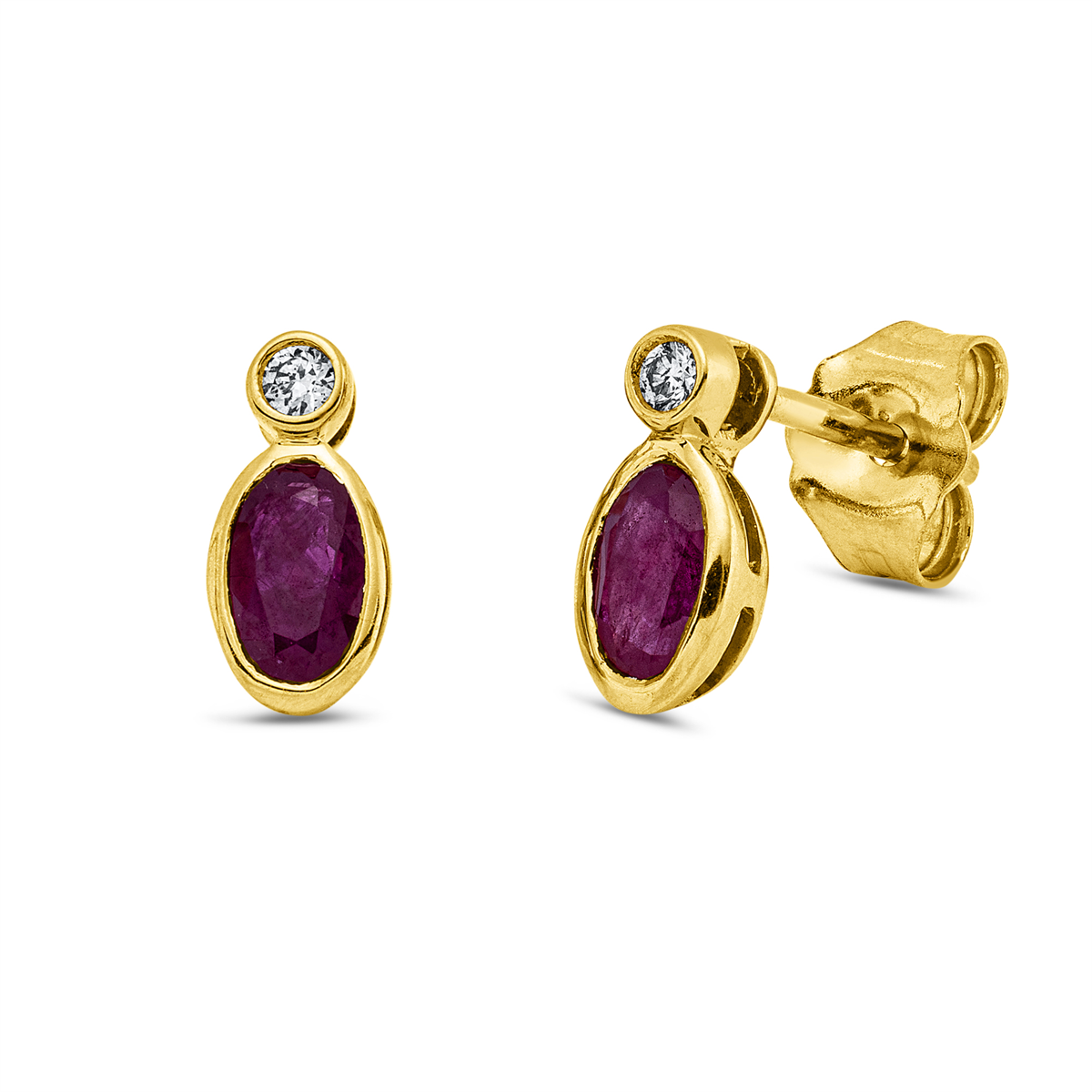 diamond full cut ruby colored stone classic studs in yellow gold