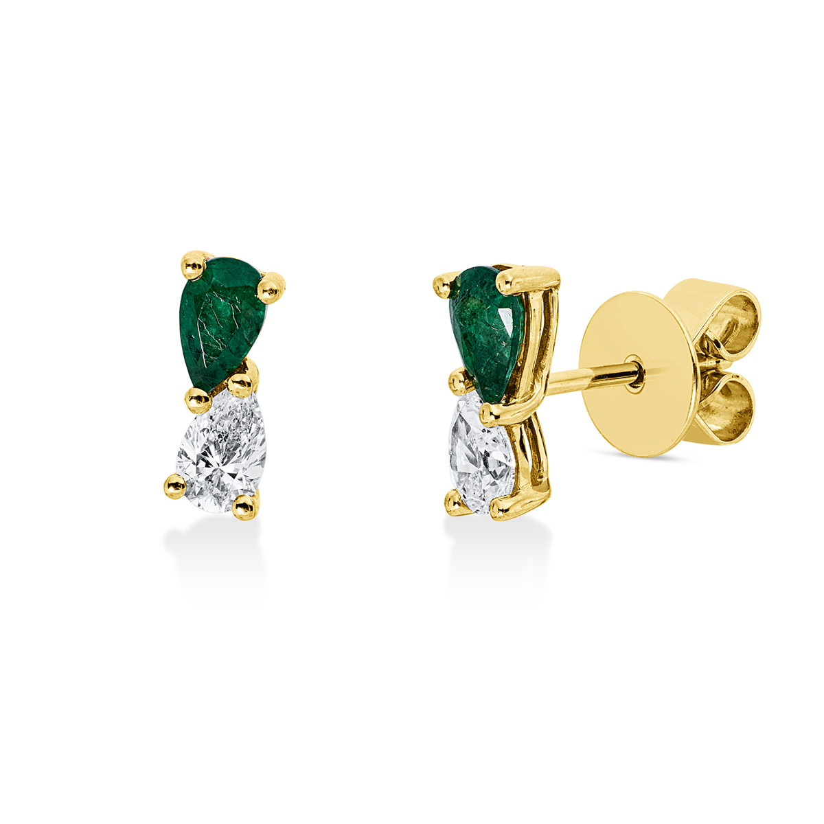 pear shape emerald colored stone classic studs in yellow gold