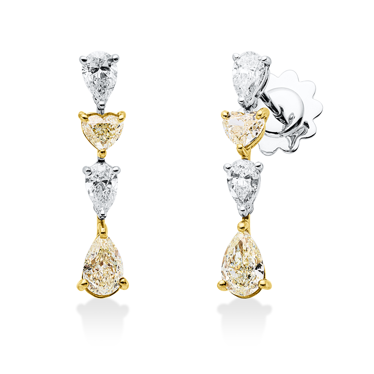heart shape fancy colored diamond earrings in white gold / yellow gold
