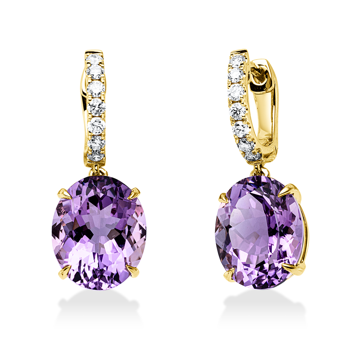 diamond full cut amethyst colored stone fashion earrings in yellow gold