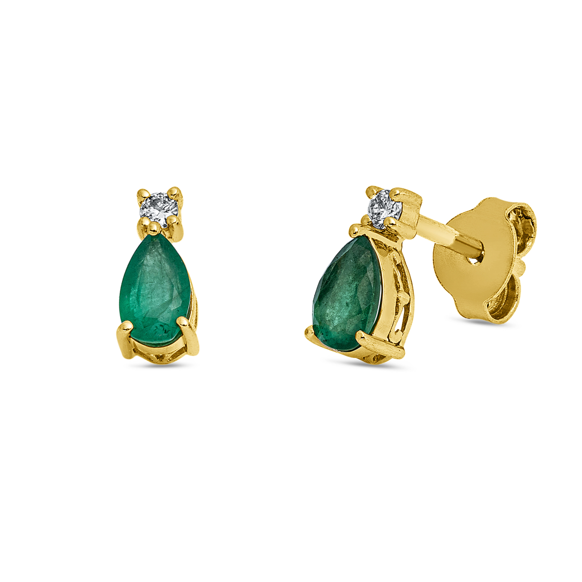 diamond full cut emerald colored stone classic studs in yellow gold