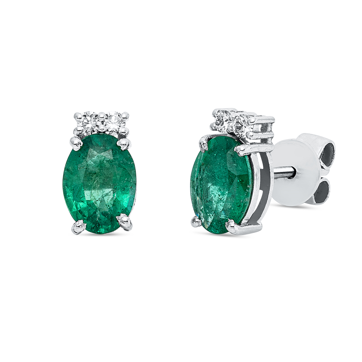 diamond full cut emerald colored stone classic studs in white gold