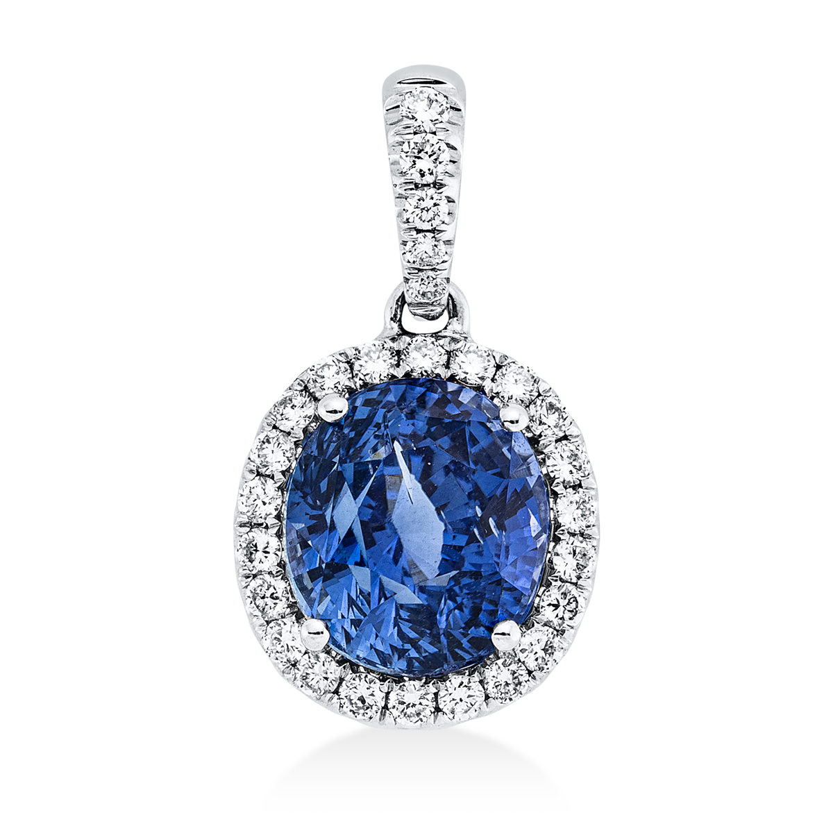 diamond full cut sapphire colored stone classic pendant in white gold