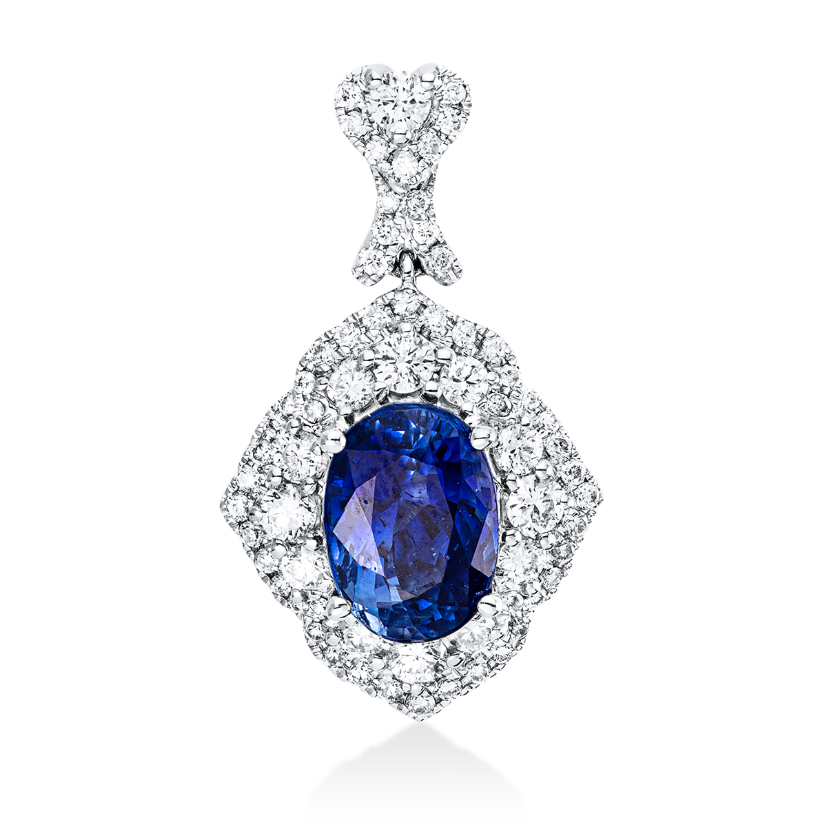 diamond full cut sapphire colored stone classic pendant in white gold