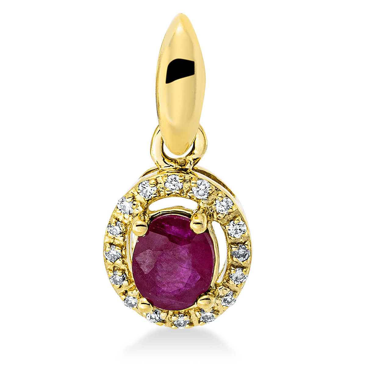 diamond full cut ruby colored stone classic pendant in yellow gold