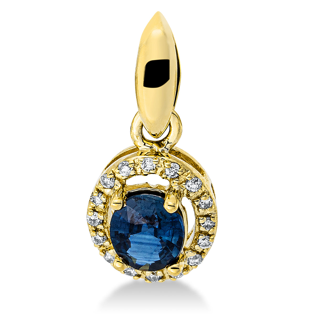 diamond full cut sapphire colored stone classic pendant in yellow gold