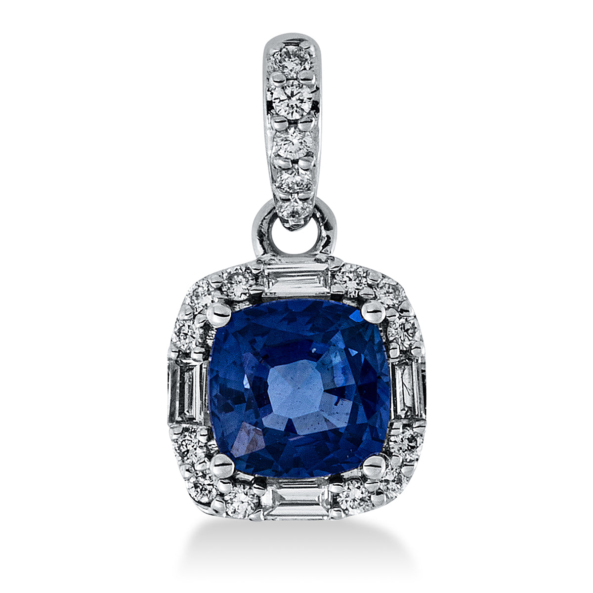 diamond full cut sapphire colored stone classic pendant in white gold