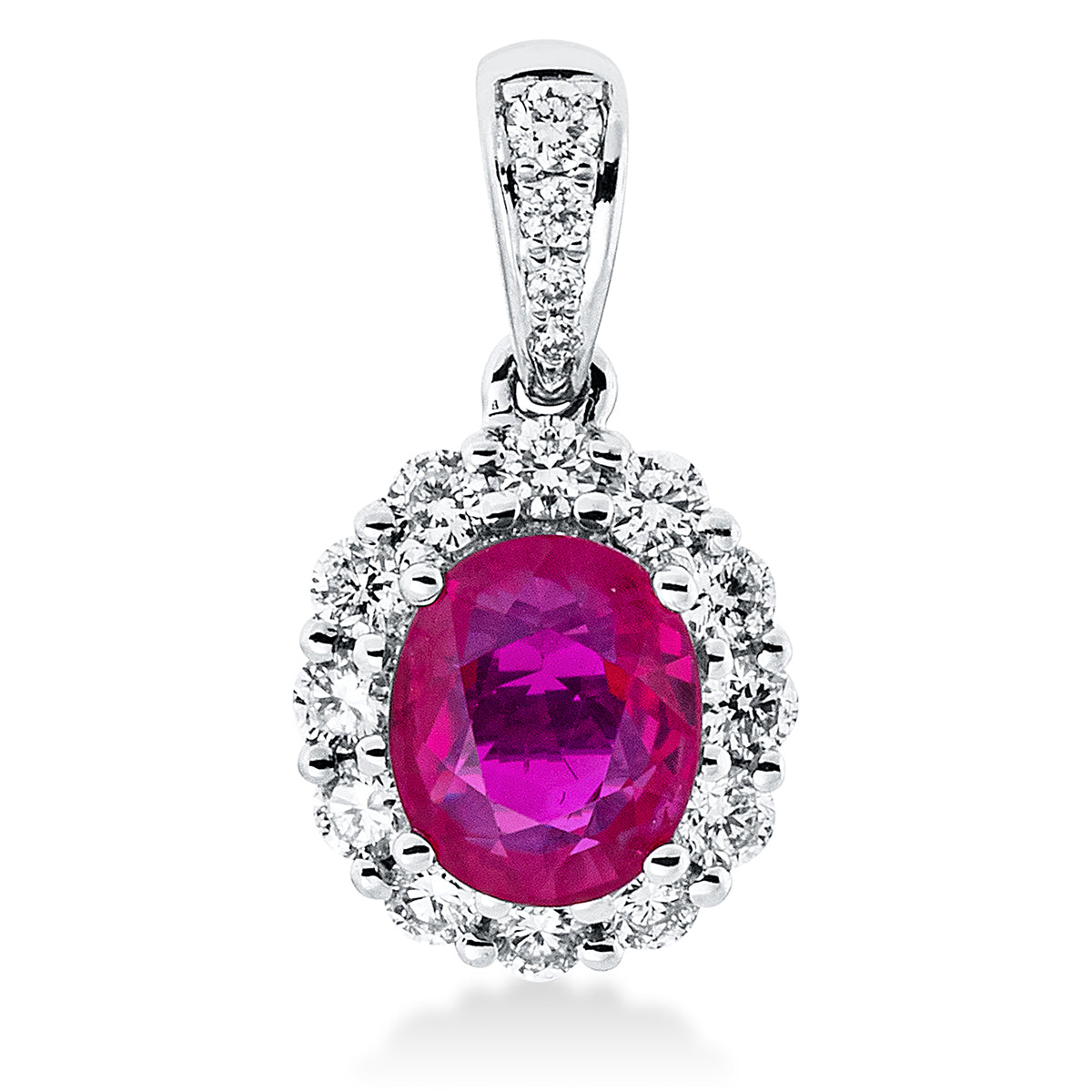diamond full cut ruby colored stone classic pendant in white gold
