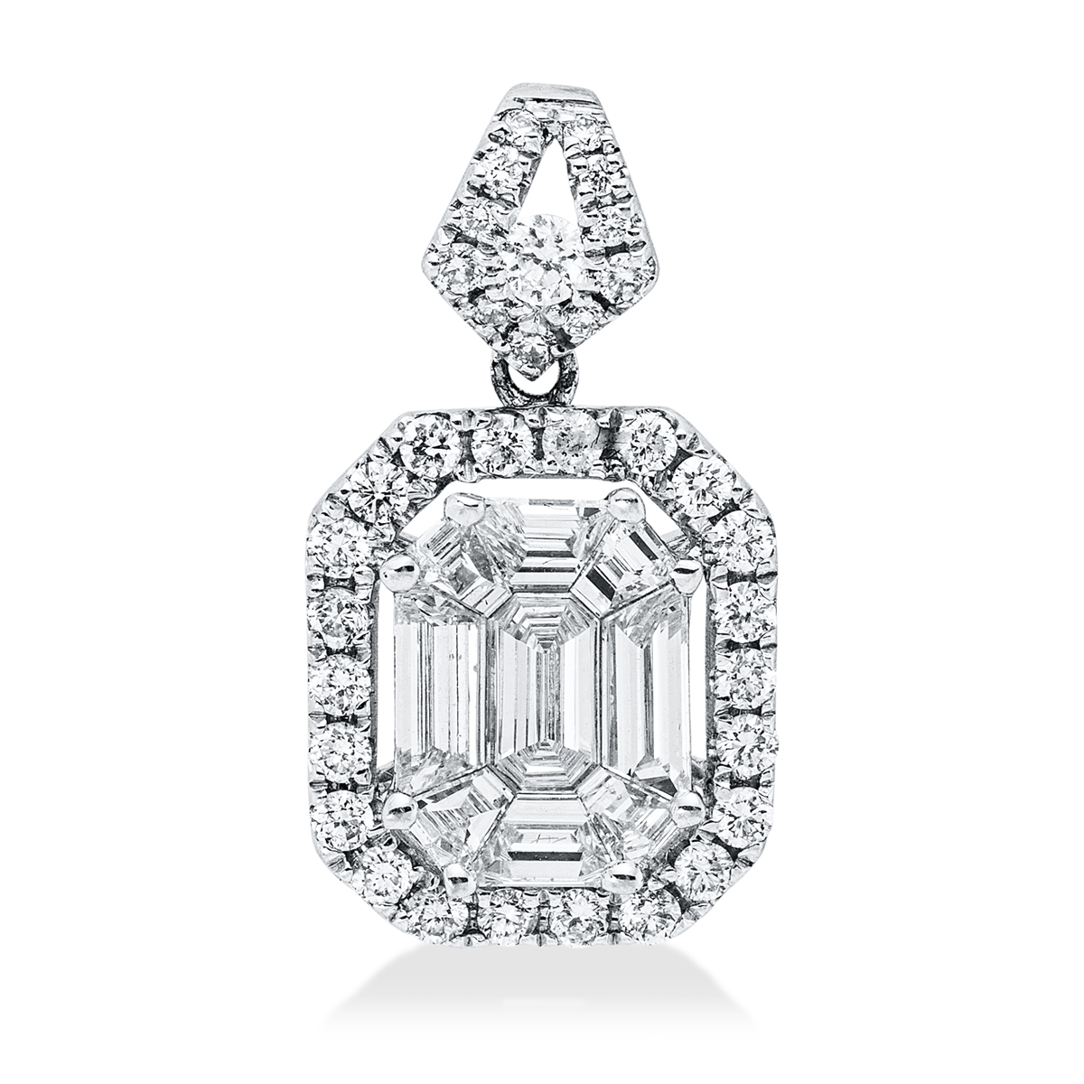 diamond full cut baguette illusion pendant in white gold