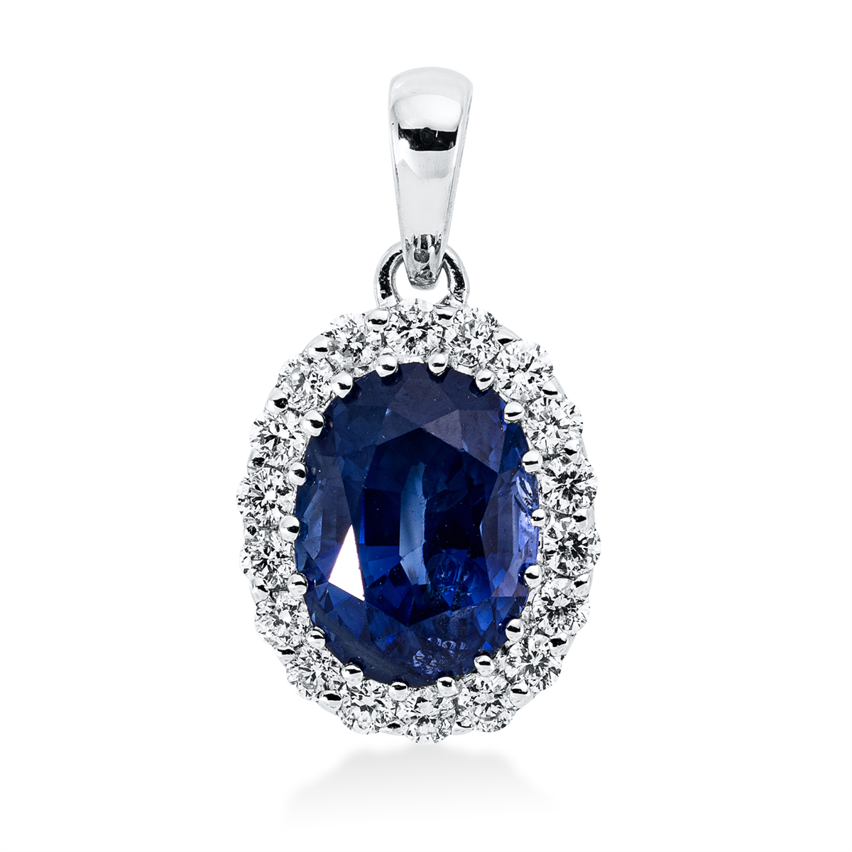 diamond full cut sapphire colored stone classic pendant in white gold
