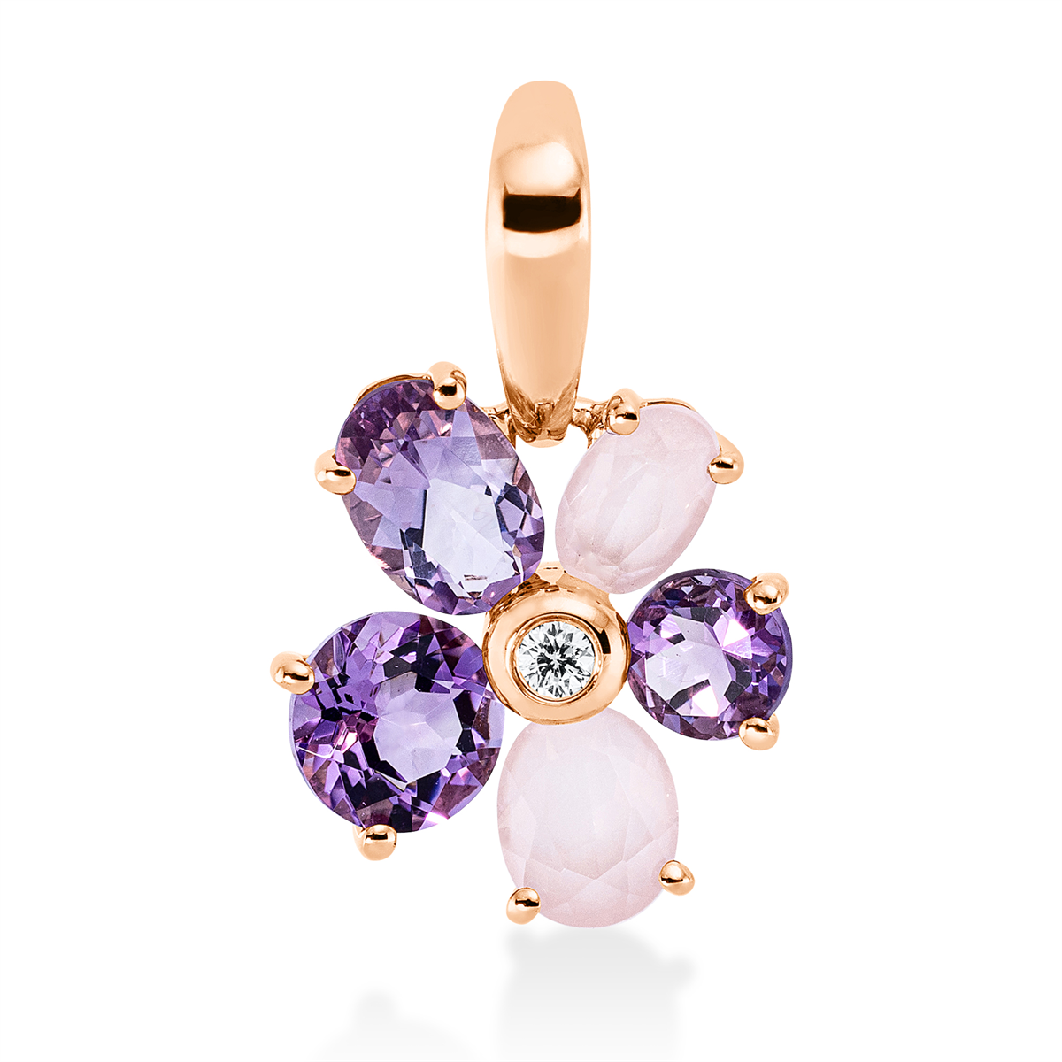 diamond full cut rose quartz colored stone fashion pendant in red gold