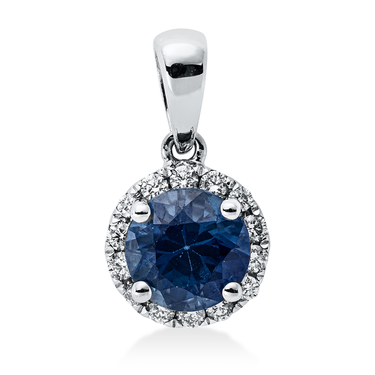 diamond full cut sapphire colored stone classic pendant in white gold