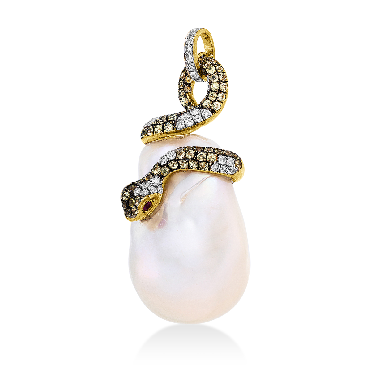 diamond full cut ruby pearl pendant in yellow gold