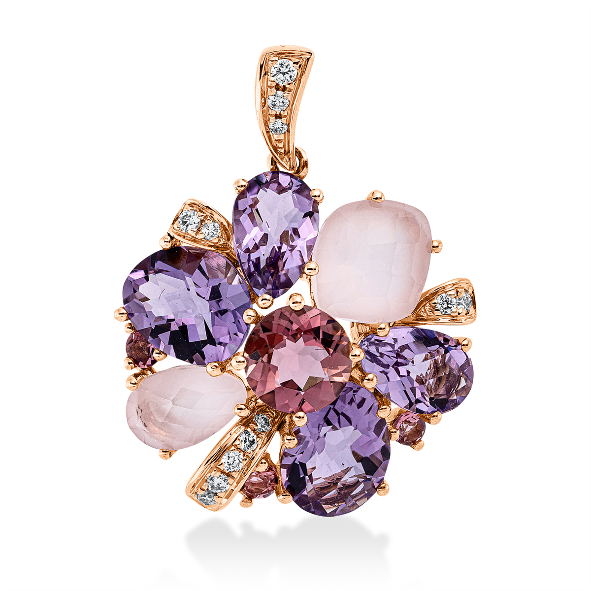 diamond full cut quartz colored stone classic pendant in red gold