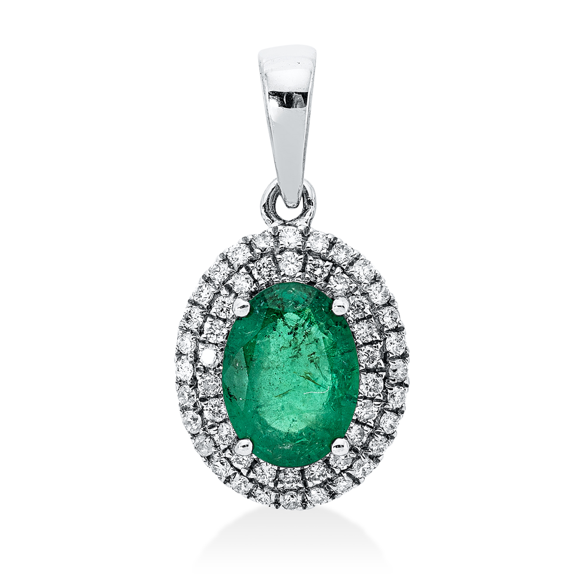 diamond full cut emerald colored stone classic pendant in white gold