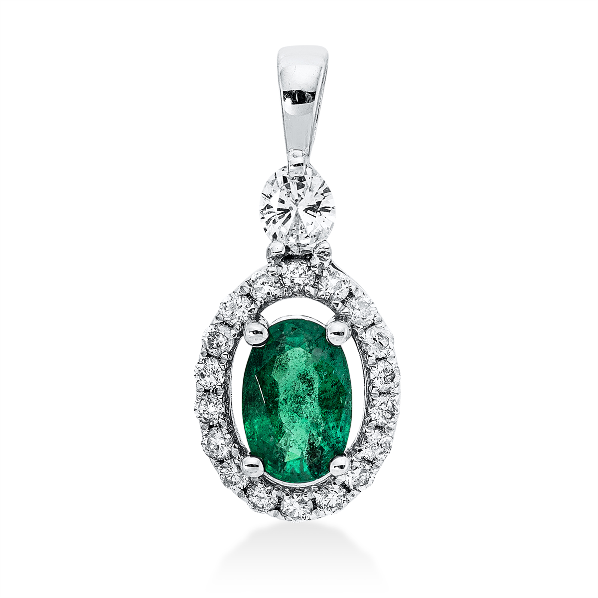 diamond full cut emerald colored stone classic pendant in white gold