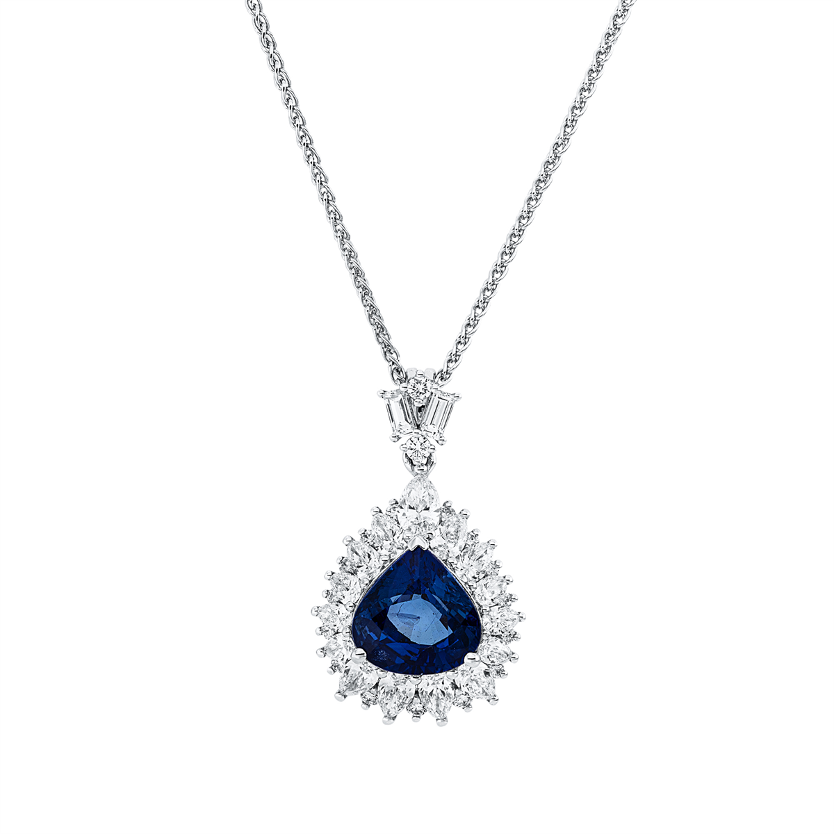 diamond full cut sapphire colored stone classic pendant in white gold