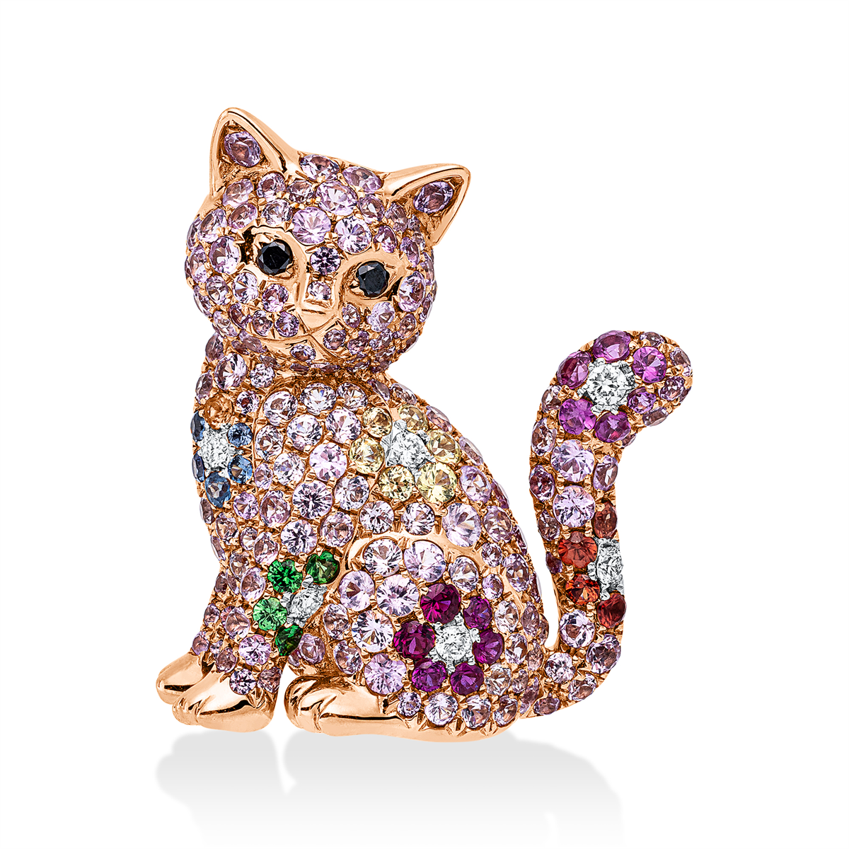 diamond full cut sapphire animal brooch in red gold / white gold