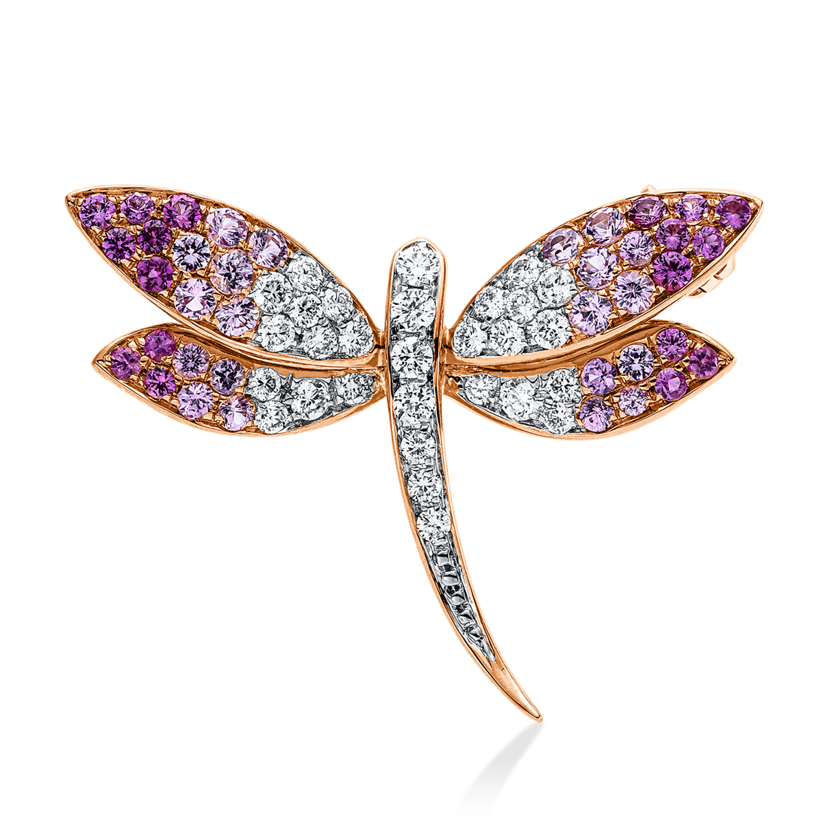 diamond full cut sapphire animal brooch in red gold / white gold