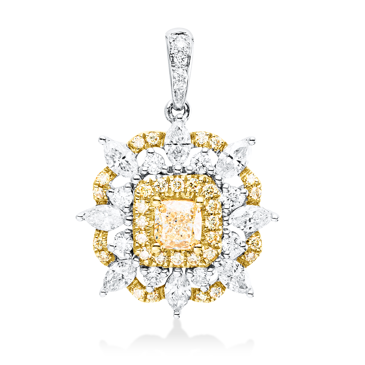 diamond full cut fancy colored diamond pendant in white gold / yellow gold