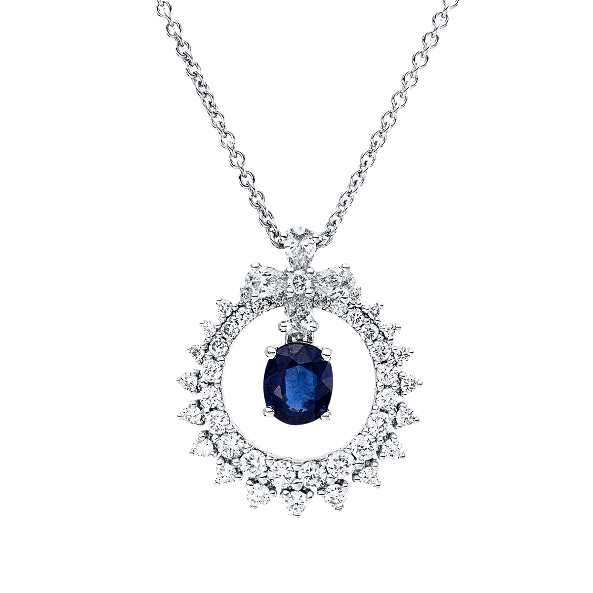 diamond full cut sapphire colored stone classic pendant in white gold