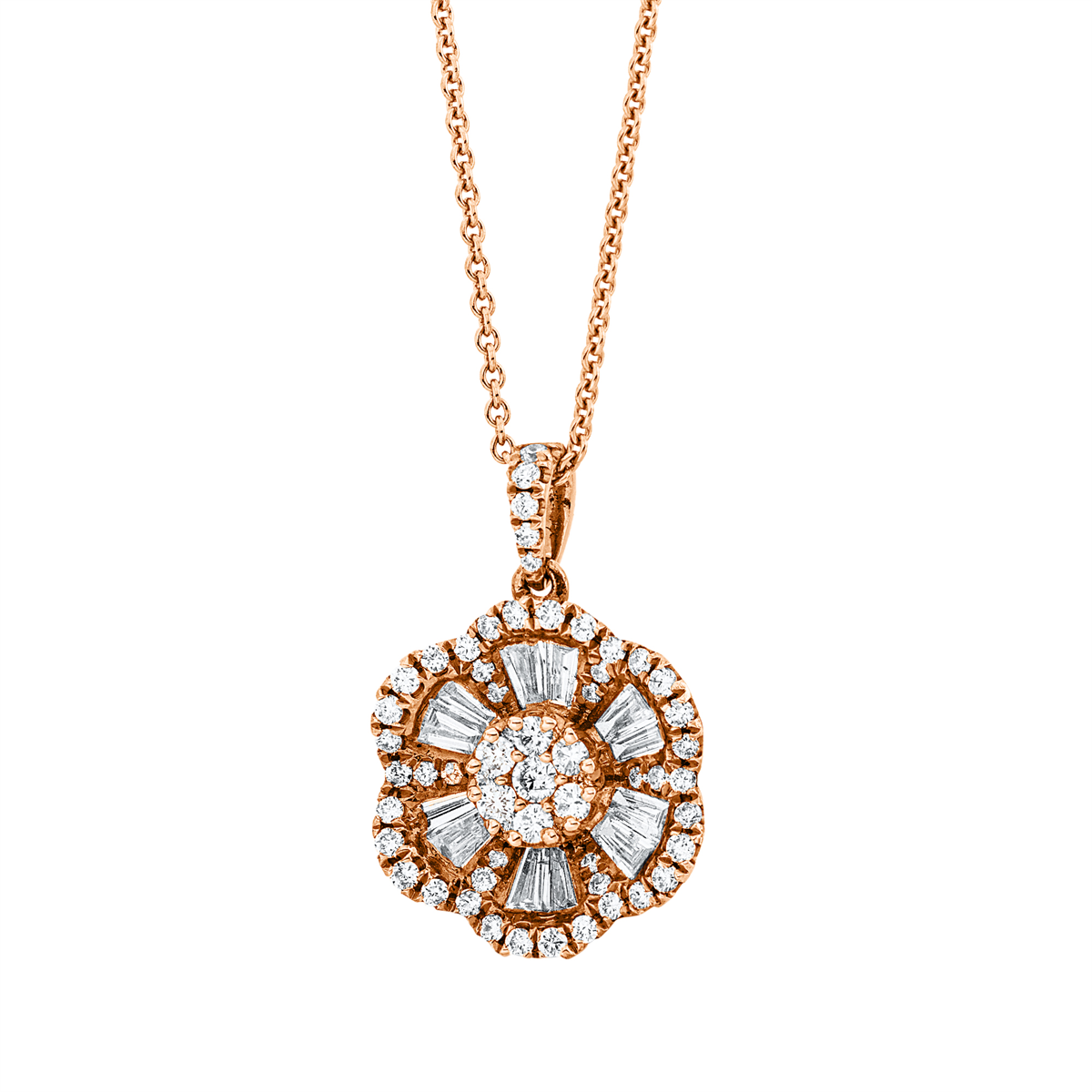 diamond full cut baguette illusion pendant in red gold