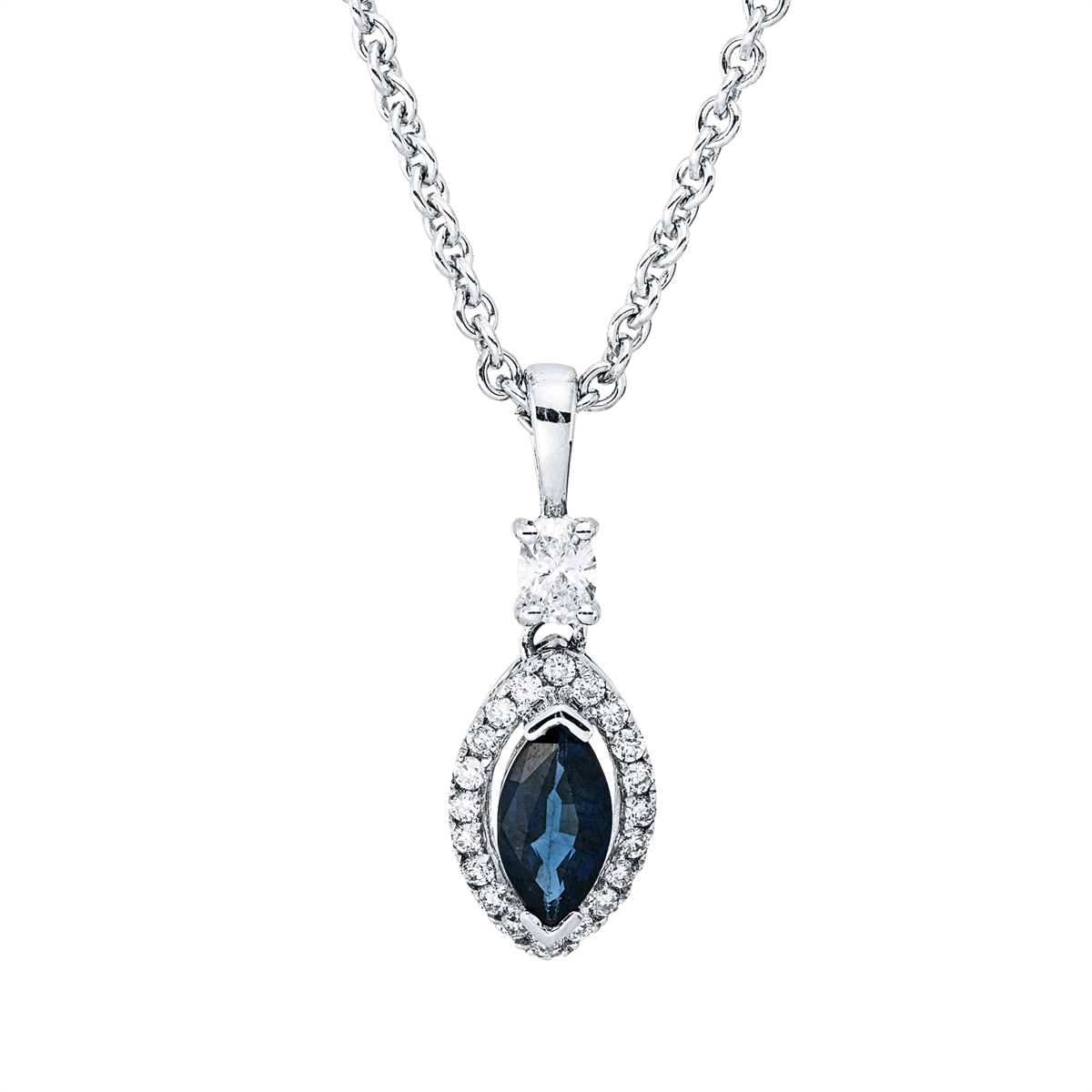 diamond full cut sapphire colored stone classic pendant in white gold