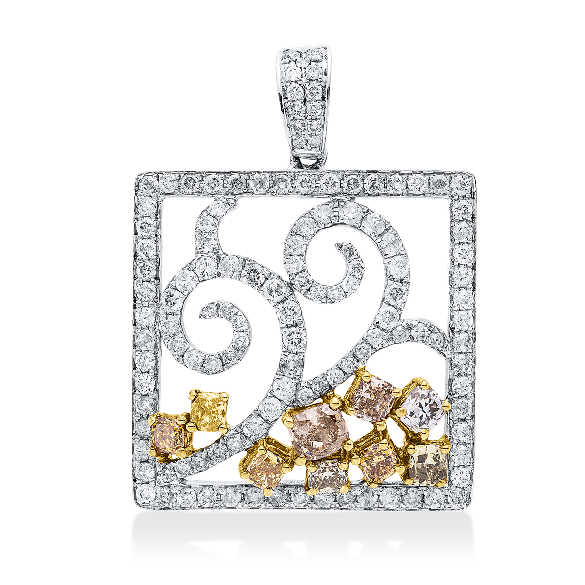 diamond full cut fancy colored diamond pendant in white gold / yellow gold
